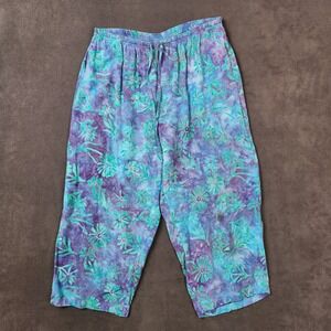 Global Village Capri Pant Women Medium Purple Blue Floral Lightweight Beach Boho